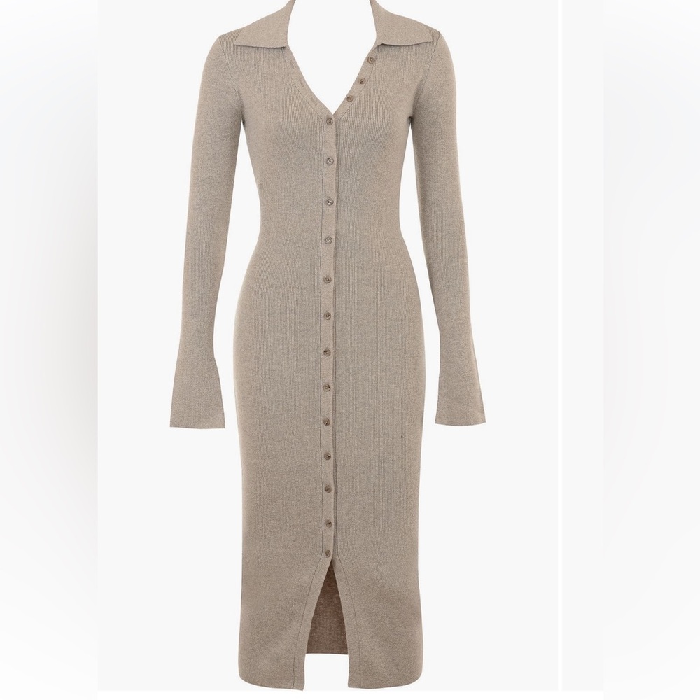 House of CB Yvette long sleeves button up sweater midi dress beige - Picture 6 of 17